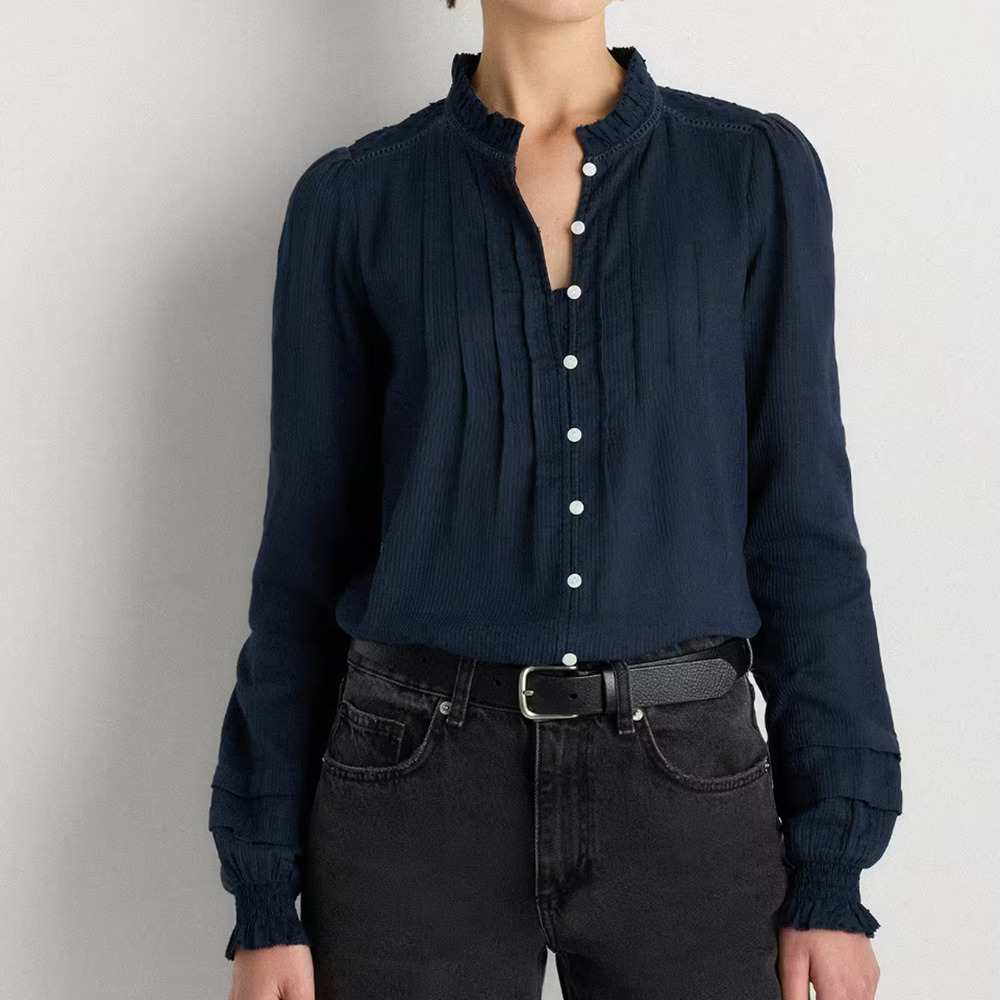 Quince Blouse Womens M Navy Organic Cotton Textured Peasant Top Preppy Boho EUC